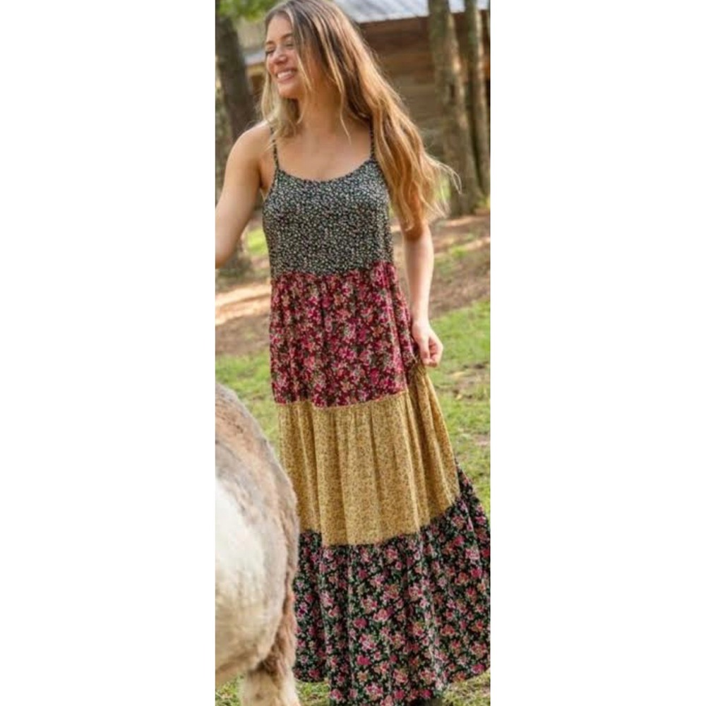 Natural Life Floral Tiered Maxi Dress L/XL Boho Patchwork Rayon Sleeveless